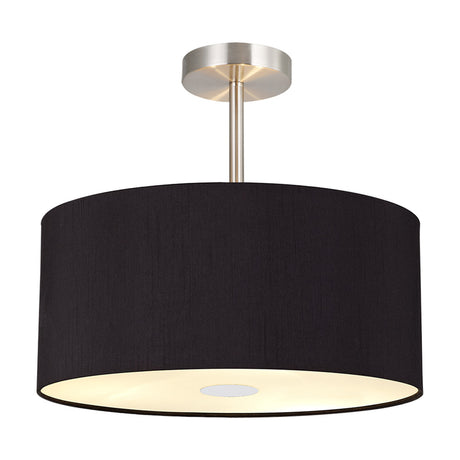 Baymont 40cm semi-flush ceiling light with black drum shade, polished chrome stem and frosted acrylic diffuser, shown on a plain white background.