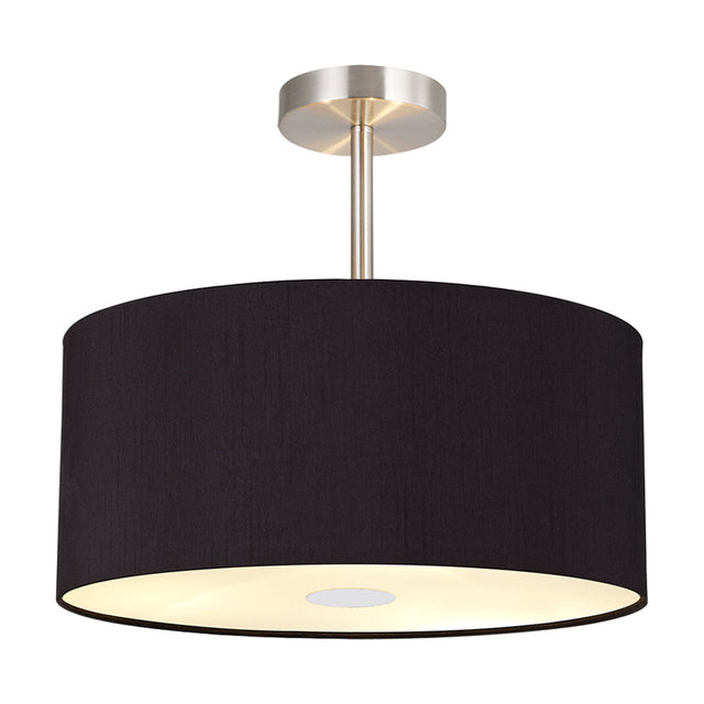 Baymont 40cm semi-flush ceiling light with black drum shade, polished chrome stem and frosted acrylic diffuser, shown on a plain white background.