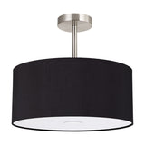 Baymont Semi Flush ceiling light with a 40cm black drum shade on a polished chrome stem, frosted acrylic diffuser visible beneath, shown on a white background.