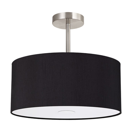 Baymont Semi Flush ceiling light with a 40cm black drum shade on a polished chrome stem, frosted acrylic diffuser visible beneath, shown on a white background.