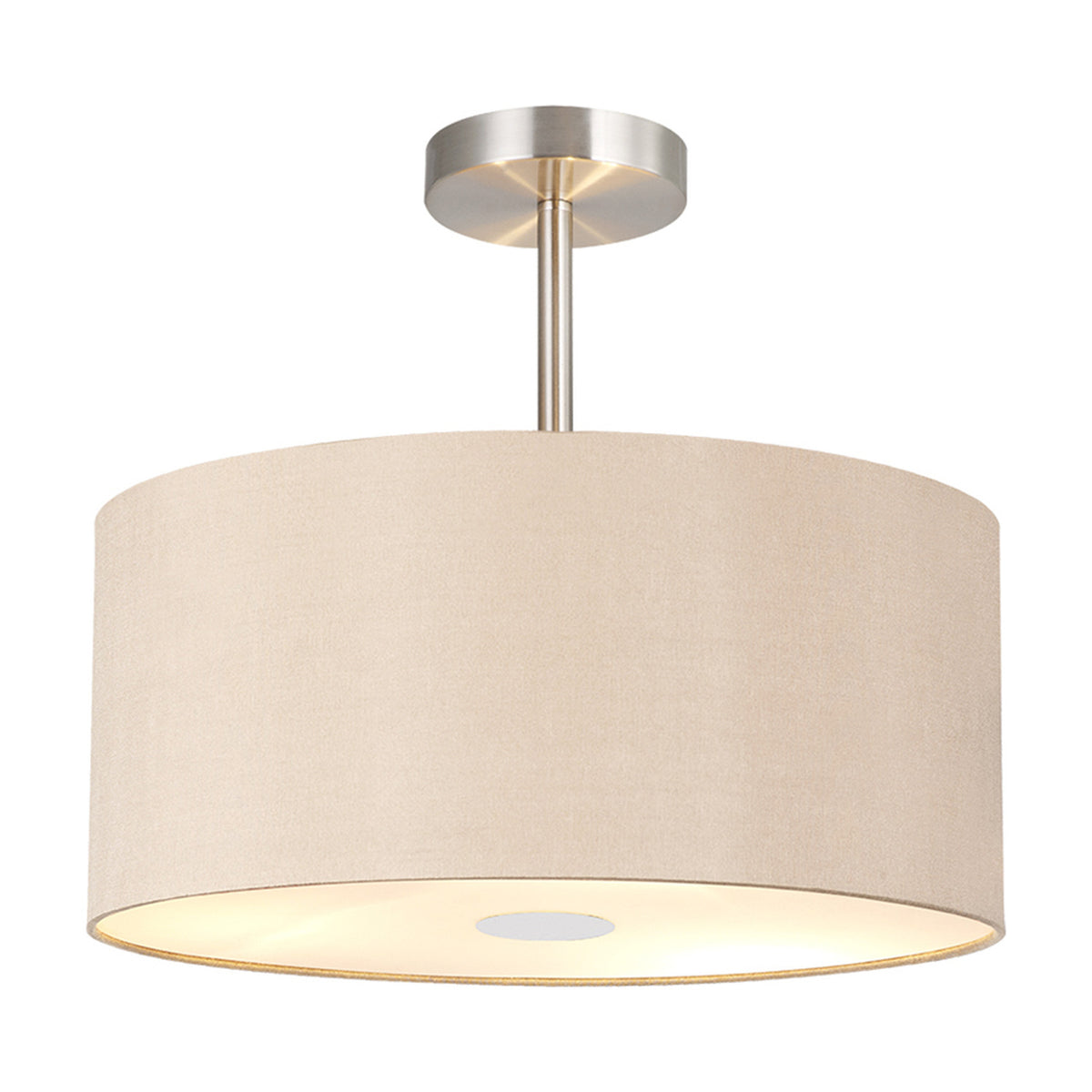 Baymont E27 semi-flush ceiling light with a 40cm cream drum shade, polished chrome ceiling mount and rod, and a frosted acrylic diffuser panel, shown on a plain white background.