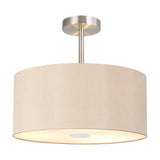 Baymont E27 semi-flush ceiling light with a 40cm cream drum shade, polished chrome ceiling mount and rod, and a frosted acrylic diffuser panel, shown on a plain white background.