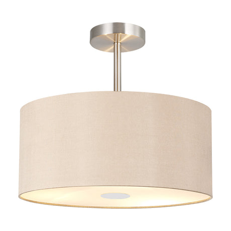 Baymont E27 semi-flush ceiling light with a 40cm cream drum shade, polished chrome ceiling mount and rod, and a frosted acrylic diffuser panel, shown on a plain white background.