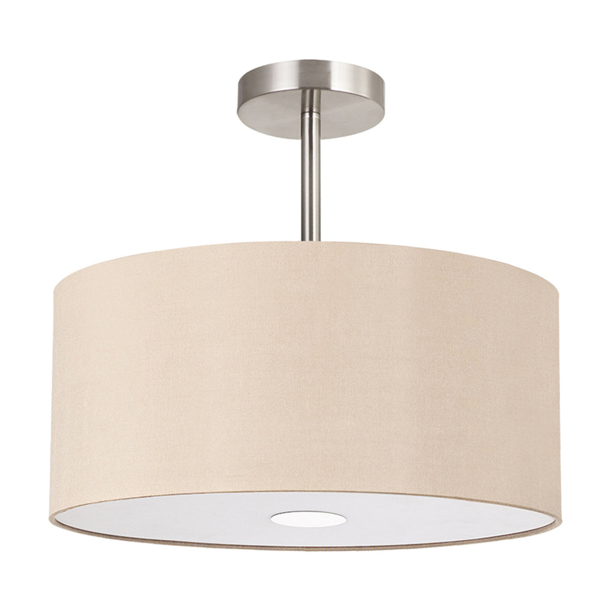 Baymont semi-flush ceiling light with a 40cm cream drum shade, polished chrome ceiling plate and short rod, and a frosted acrylic diffuser beneath, shown on a white background.