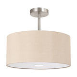 Baymont semi-flush ceiling light with a 40cm cream drum shade, polished chrome ceiling plate and short rod, and a frosted acrylic diffuser beneath, shown on a white background.