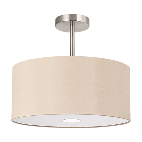 Baymont semi-flush ceiling light with a 40cm cream drum shade, polished chrome ceiling plate and short rod, and a frosted acrylic diffuser beneath, shown on a white background.