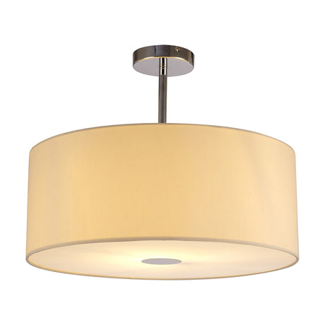 Baymont Semi Flush Ceiling Light 50cm in polished chrome, with a wide ivory faux silk drum shade and frosted acrylic diffuser, shown on a plain white background.