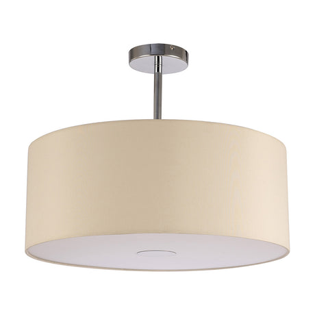 Baymont Semi Flush Ceiling Light 50cm in ivory faux silk drum shade with white diffuser and polished chrome ceiling plate, shown on a plain white background.