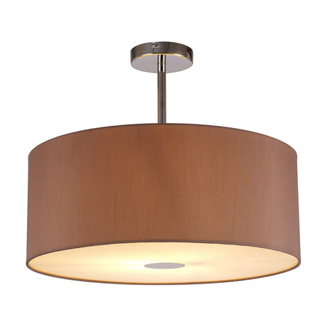 Baymont E27 semi-flush ceiling light with a 50cm taupe faux silk drum shade, gold-lined interior, frosted acrylic diffuser, and polished chrome frame and ceiling plate.