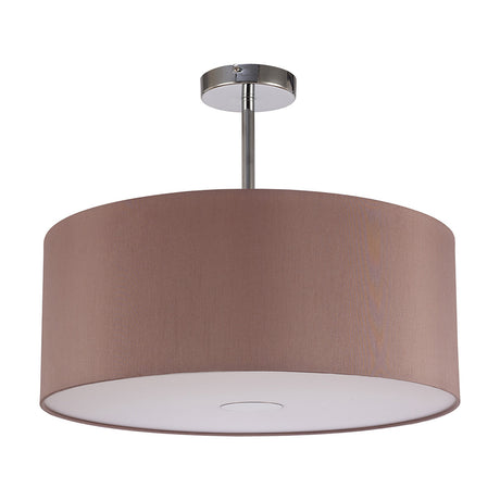 Baymont semi-flush ceiling light with a 50cm taupe drum shade, frosted acrylic diffuser, and polished chrome frame and ceiling plate, shown on a white background.