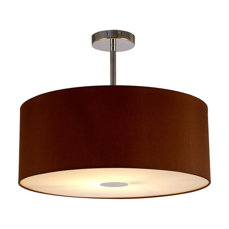 Baymont 50cm semi-flush ceiling light with a raw cocoa fabric drum shade, polished chrome mount and trim, and a frosted diffuser glowing beneath, shown on a white background.