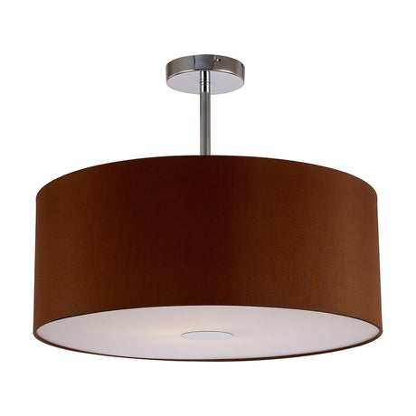 Baymont 50cm semi-flush ceiling light with a wide raw cocoa fabric drum shade, frosted diffuser, and polished chrome ceiling mount, shown on a white background.