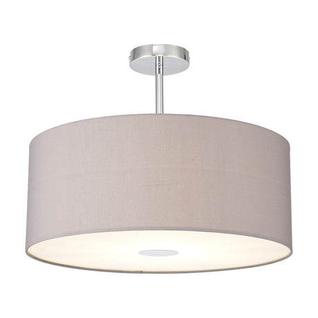 Baymont E27 semi-flush ceiling light, 50cm grey fabric drum shade with frosted diffuser on a polished chrome ceiling plate and rod, shown on a plain white background.