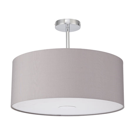 Baymont E27 semi-flush ceiling light, 50cm grey fabric drum shade with white diffuser, polished chrome ceiling plate and rod, on a plain white background.