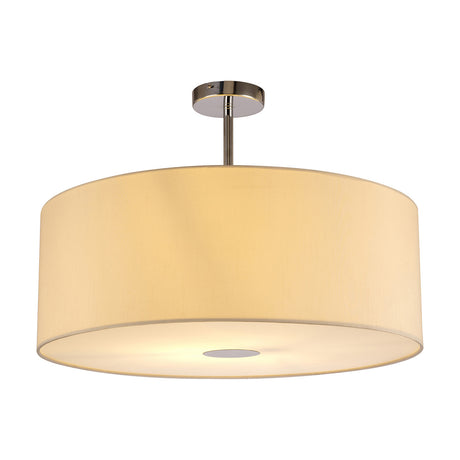 Baymont 60cm semi-flush ceiling light with wide ivory fabric drum shade, frosted acrylic diffuser and polished chrome fittings, shown on a plain white background.