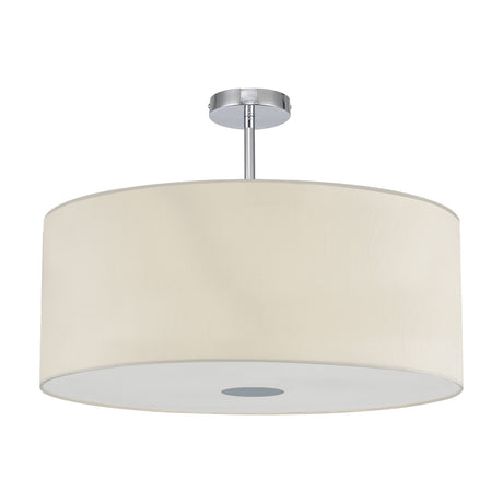 Baymont Semi Flush Ceiling Light 60cm in polished chrome, with a wide ivory faux silk drum shade and frosted acrylic diffuser, shown on a plain white background.