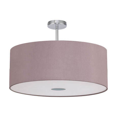 Baymont 60cm semi-flush ceiling light with a wide taupe faux silk drum shade, frosted acrylic diffuser, and polished chrome ceiling mount, shown on a white background.