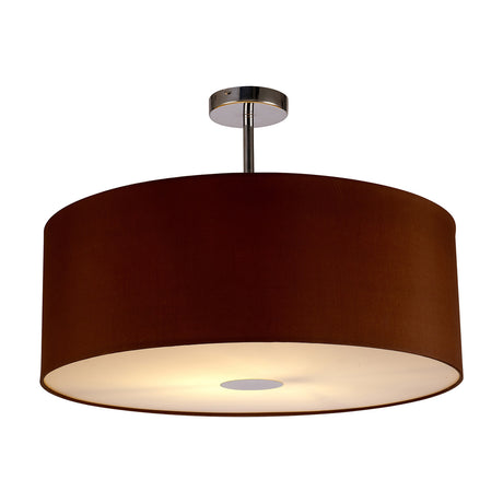 Baymont semi flush ceiling light, 60cm wide drum shade in raw cocoa fabric with a warm bronze lining, frosted diffuser, and polished chrome ceiling plate and rod, shown on a plain white background.