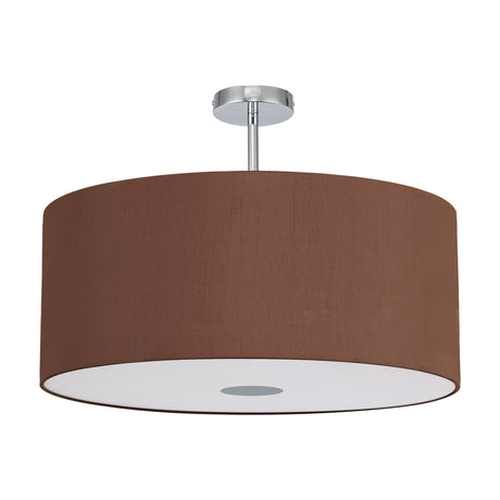 Baymont Semi Flush Ceiling Light, 60cm wide drum shade in raw cocoa fabric with polished chrome stem, ceiling plate, and frosted diffuser, on a plain white background.