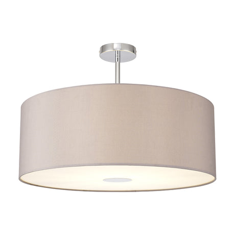 Baymont semi-flush ceiling light with a wide grey fabric drum shade, 60cm, polished chrome fitting and frosted diffuser, shown on a plain white background.