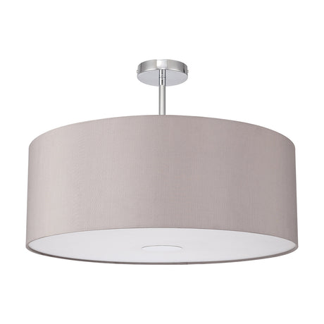 Baymont semi-flush ceiling light with a wide grey faux silk drum shade, white laminate lining, and polished chrome ceiling mount, shown on a plain white background.