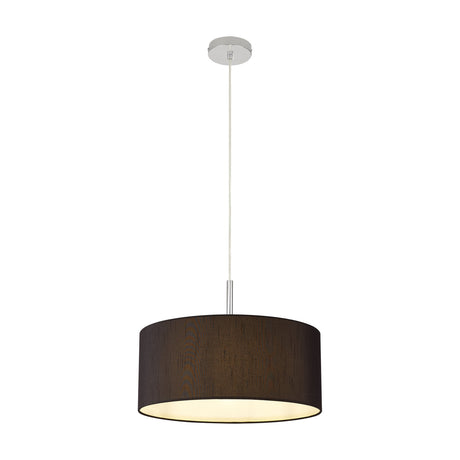 Baymont E27 pendant light with 40cm black faux silk drum shade, white interior lining, and polished chrome ceiling rose and rod, shown on a plain white background.