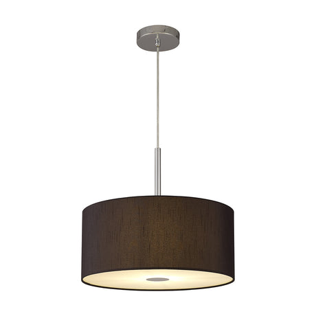 Baymont Pendant Light with 40cm black drum shade and frosted acrylic diffuser, polished chrome ceiling plate and rod, shown on a plain white background.