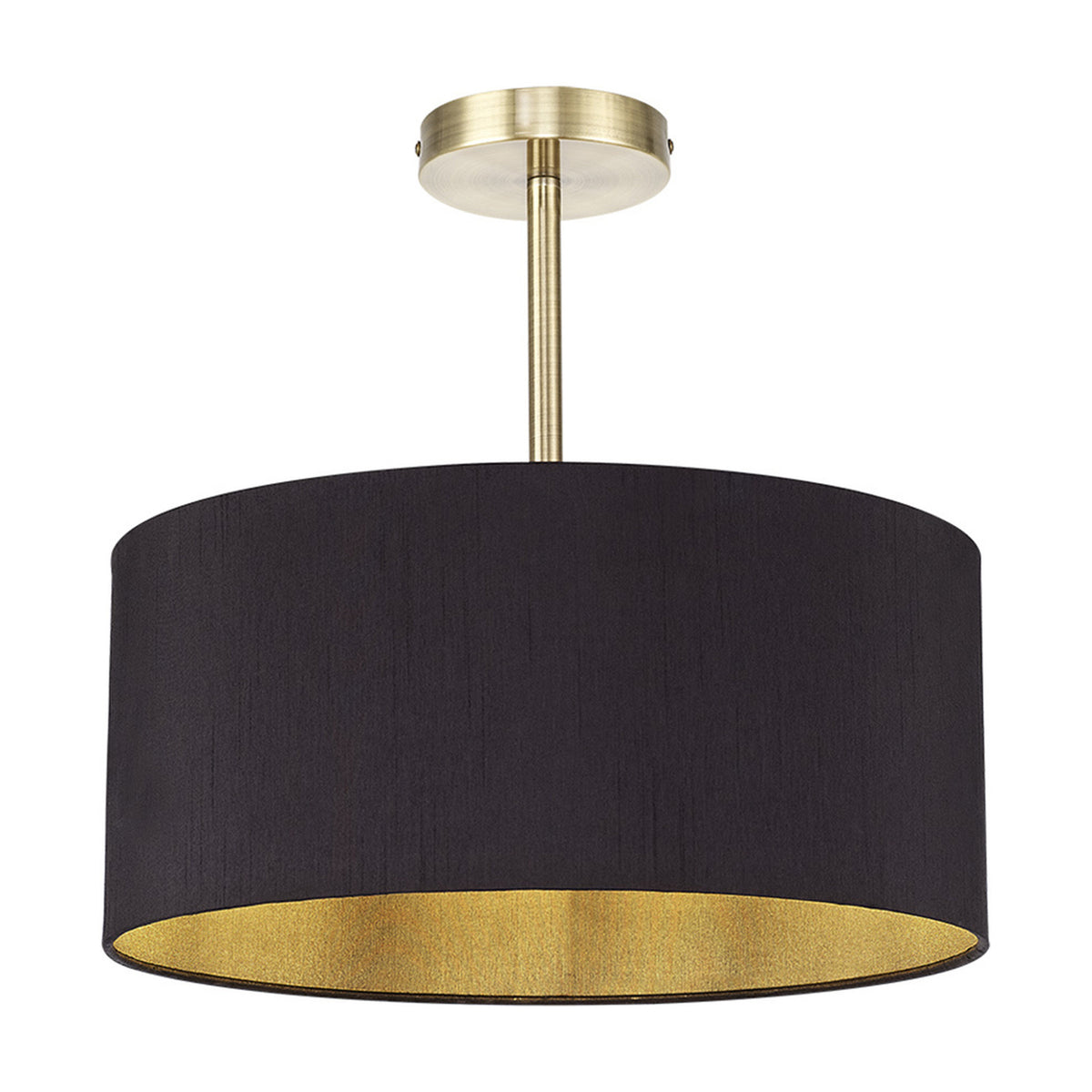 Baymont Semi Flush Ceiling Light, a 40cm black drum shade with gold-tone interior on an antique brass ceiling plate and stem, shown on a plain white background.
