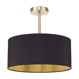 Baymont Semi Flush Ceiling Light, a 40cm black drum shade with gold-tone interior on an antique brass ceiling plate and stem, shown on a plain white background.