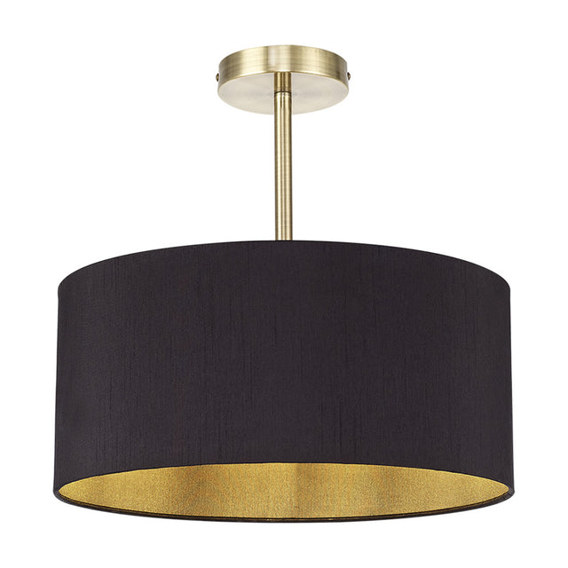 Baymont Semi Flush Ceiling Light, a 40cm black drum shade with gold-tone interior on an antique brass ceiling plate and stem, shown on a plain white background.