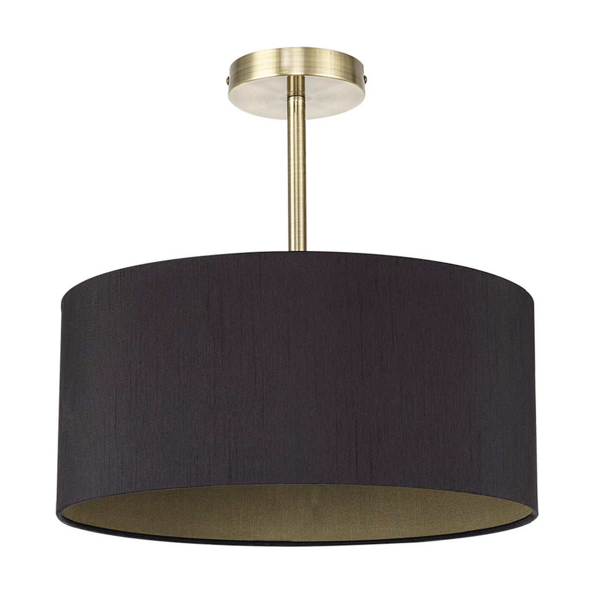 Baymont Semi Flush Ceiling Light in black faux silk with olive-green interior, 40cm drum shade on an antique brass ceiling plate and stem, shown on a white background.