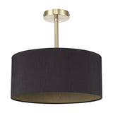 Baymont Semi Flush Ceiling Light in black faux silk with olive-green interior, 40cm drum shade on an antique brass ceiling plate and stem, shown on a white background.