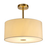 Baymont semi-flush ceiling light with a 40cm ivory faux silk drum shade, antique brass mount and frosted acrylic diffuser, shown on a plain white background.