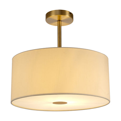 Baymont semi-flush ceiling light with a 40cm ivory faux silk drum shade, antique brass mount and frosted acrylic diffuser, shown on a plain white background.