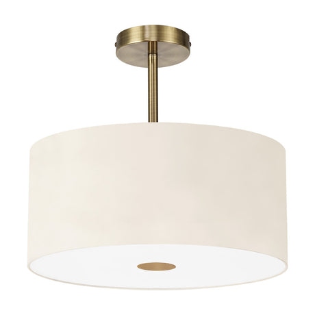 Baymont E27 semi-flush ceiling light, 40cm ivory drum shade with frosted acrylic diffuser and antique brass fittings, shown on a plain white background.