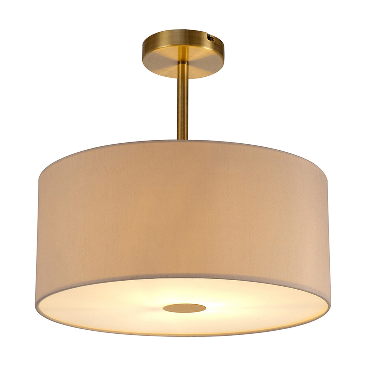 Baymont semi-flush ceiling light with a 40cm beige faux silk drum shade, antique brass frame and stem, and frosted acrylic diffuser, shown lit on a white background.