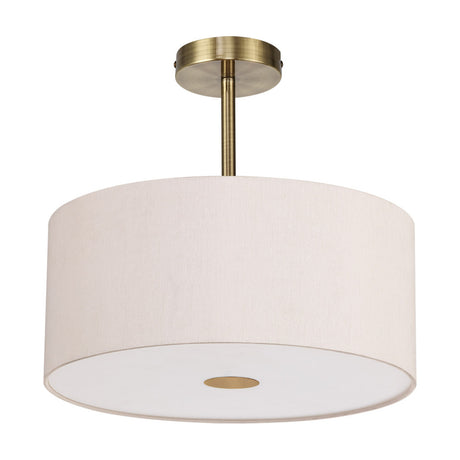 Baymont semi-flush ceiling light with 40cm beige drum shade, frosted acrylic diffuser, and antique brass frame and rod, shown on a plain white background.
