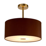 Baymont Semi Flush ceiling light with a bronze faux silk drum shade on an antique brass frame, frosted acrylic diffuser base, shown against a plain white background.