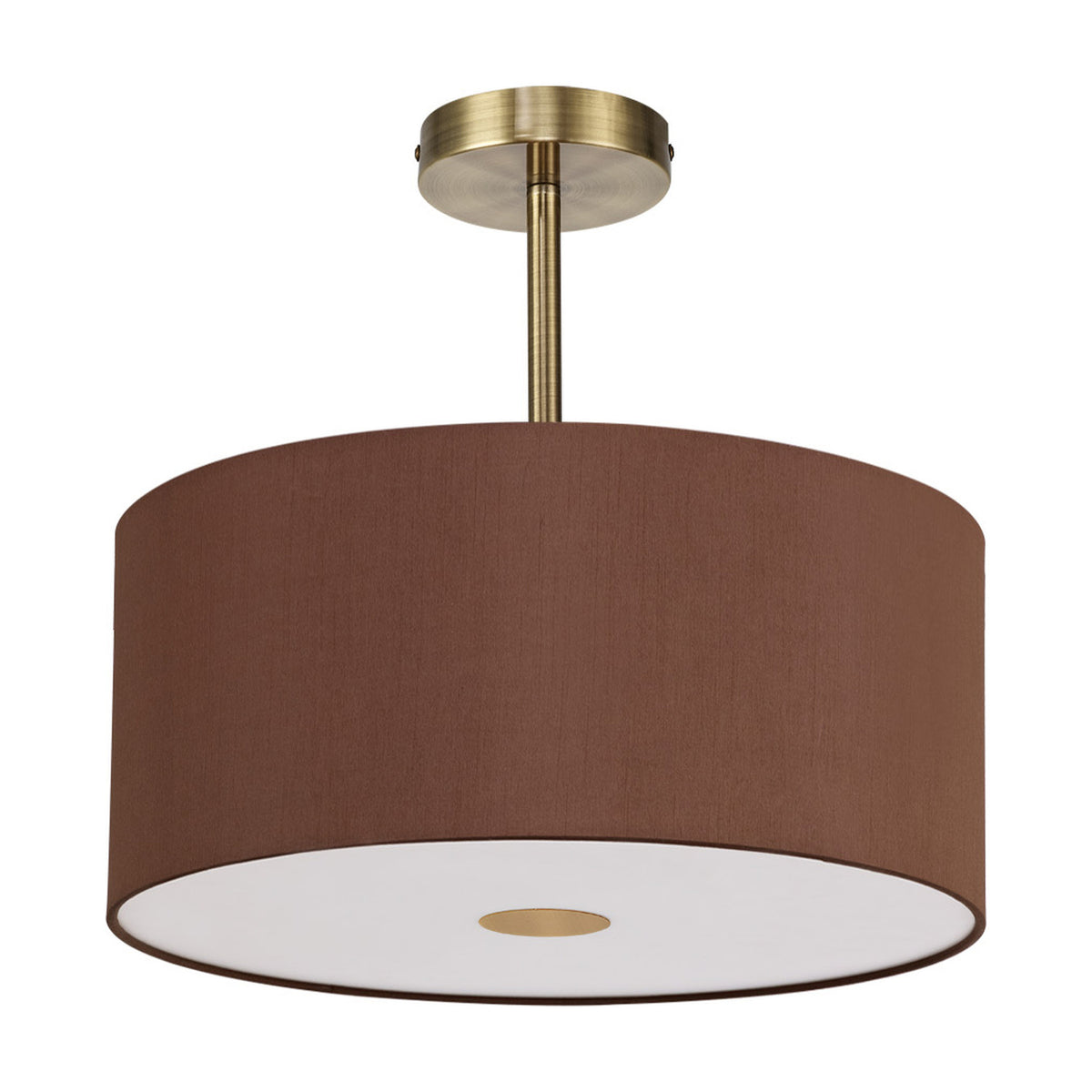 Baymont Semi Flush ceiling light with a bronze faux silk drum shade on an antique brass frame, frosted acrylic diffuser base, shown on a plain white background.