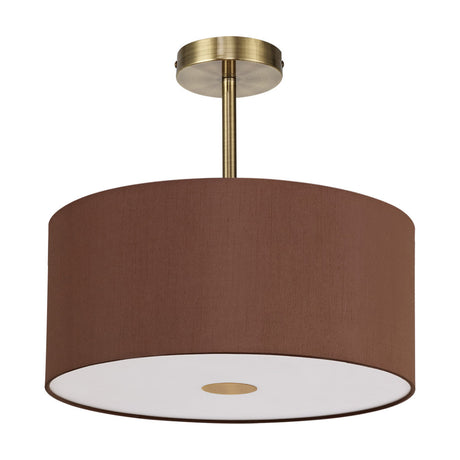Baymont Semi Flush ceiling light with a bronze faux silk drum shade on an antique brass frame, frosted acrylic diffuser base, shown on a plain white background.