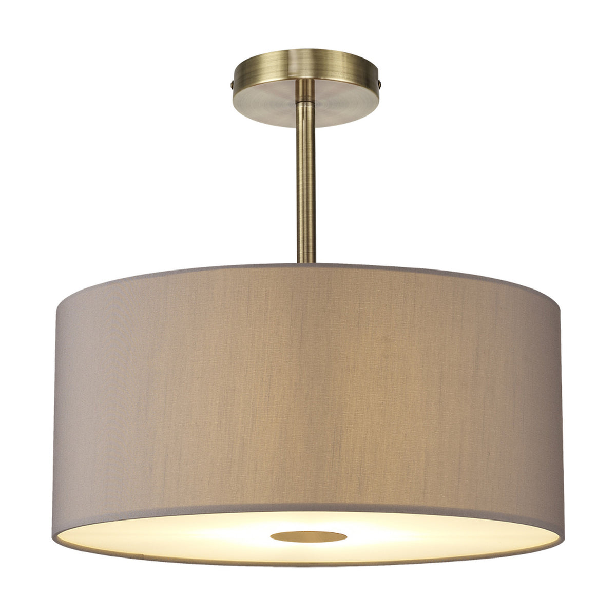 Baymont E27 semi-flush ceiling light with a 40cm grey fabric drum shade, frosted underside diffuser, and antique brass ceiling mount, shown on a white background.