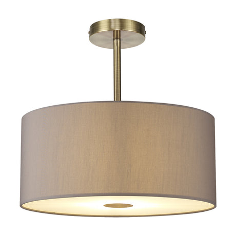 Baymont E27 semi-flush ceiling light with a 40cm grey fabric drum shade, frosted underside diffuser, and antique brass ceiling mount, shown on a white background.