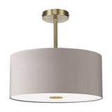 Baymont 40cm semi-flush ceiling light with grey fabric drum shade, antique brass fitting, and white frosted diffuser, shown on a plain white background.