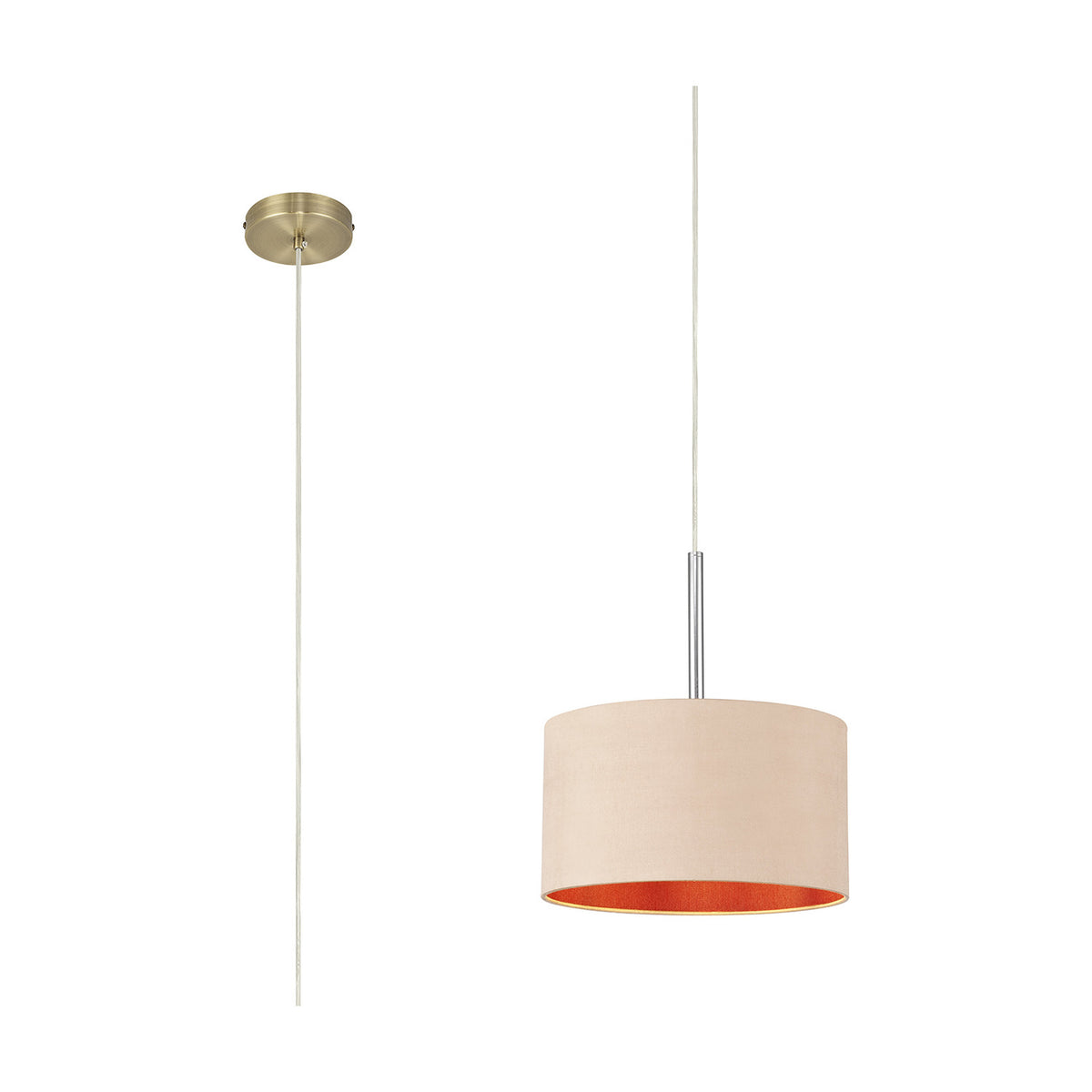 Baymont Pendant Light 30cm, a single-light drum pendant with antique gold fabric shade and orange-toned lining, suspended by an antique brass rod and ceiling rose, shown on a plain white background.