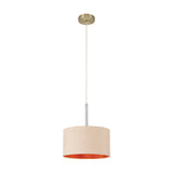 Baymont Pendant Light with a 30cm antique gold faux silk drum shade and ruby lining, suspended from antique brass metalwork on an adjustable cord, shown against a plain white background.