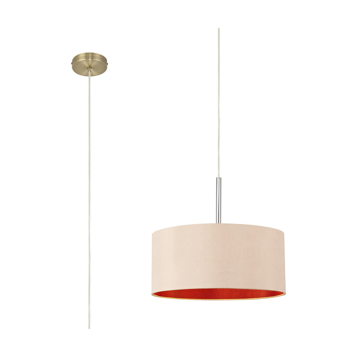 Baymont pendant light with antique brass suspension and 40cm drum shade, cream fabric outside and orange-red interior, shown on a plain white background.