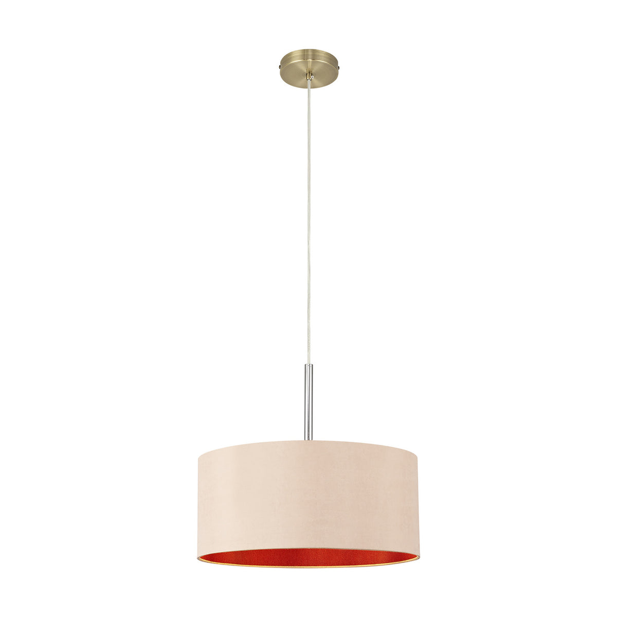 Baymont Pendant Light 40cm in antique brass with a beige fabric drum shade showing a ruby-red interior, suspended on a slim rod against a plain white background.