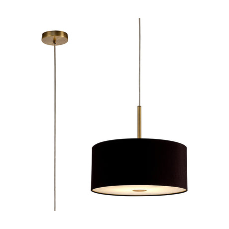 Baymont 40cm pendant light with midnight black faux silk drum shade, frosted acrylic diffuser base, and slim antique brass suspension rod, shown with ceiling mount on a white background.