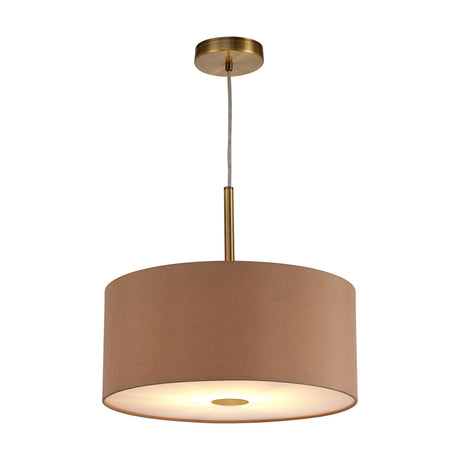 Baymont Pendant Light, a single E27 drum-shade fixture in antique gold fabric with a frosted acrylic diffuser, suspended from an antique brass rod and ceiling rose, shown on a plain white background.