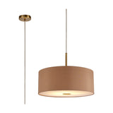 Baymont Pendant Light 50cm in antique gold fabric drum shade with antique brass suspension rod and ceiling rose, frosted diffuser beneath, shown on a plain white background.